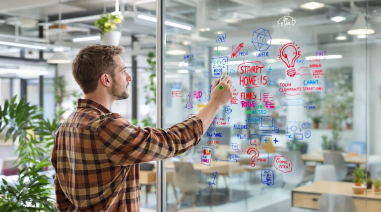 Un homme écrit sur une vitre avec des diagrammes et des mots colorés dans un bureau moderne.